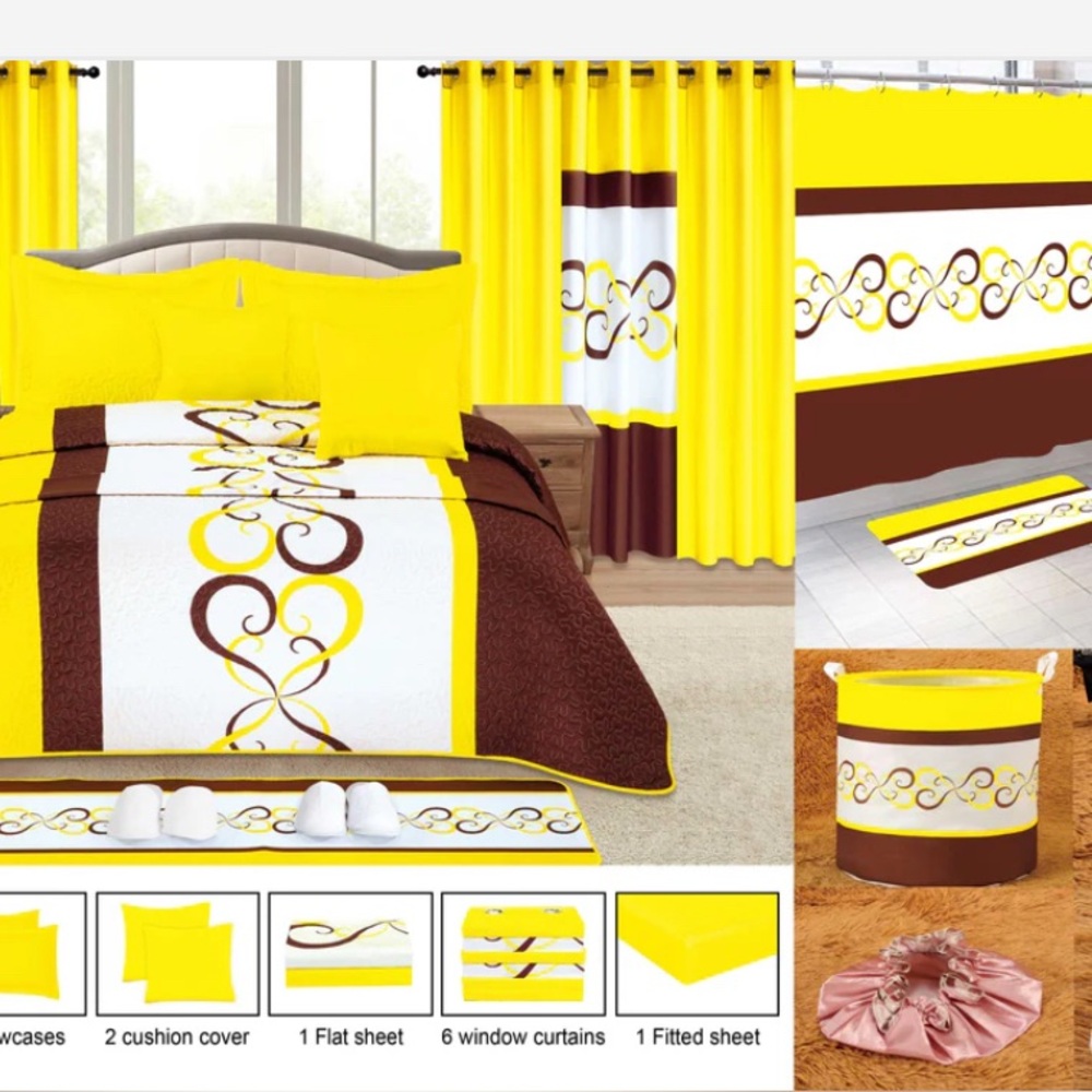 Yellow and Brown Bedding Set with Curtains